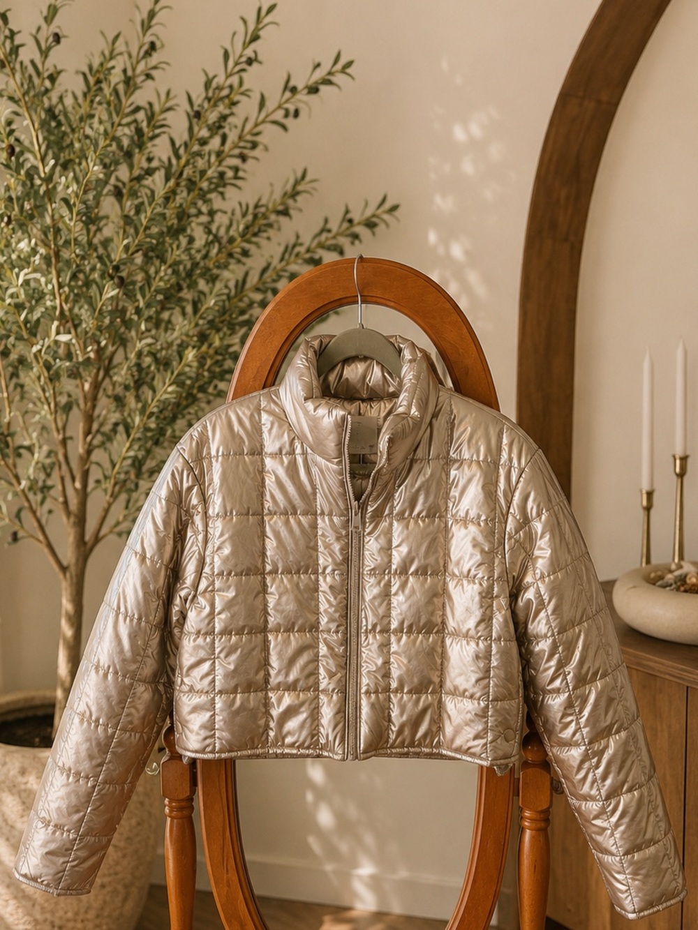Elodie Metallic Champagne Cropped Quilted Puffer Jacket